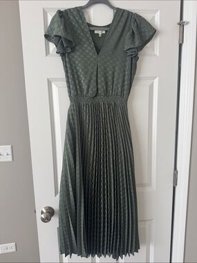 Max Studio Olive Polka Dot Pleated Midi Dress